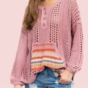 POL Boho Pink Knit Boho Sweater with Multicolor Pocket